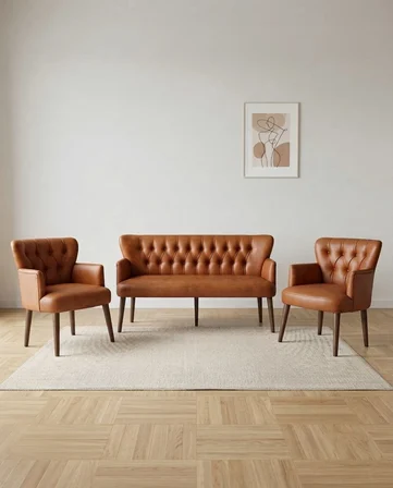 Roma 3+1+1 Deri Çay Seti Ev & Ofis Koltuk Bekleme Takımı - Ahşap Ceviz Ayak - Taba