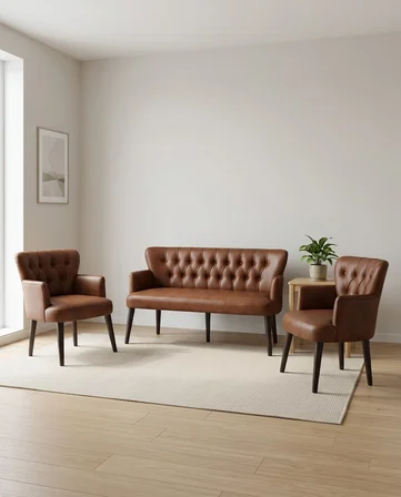 Roma 3+1+1 Deri Çay Seti Ev & Ofis Koltuk Bekleme Takımı - Ahşap Siyah Ayak - Acı Kahve