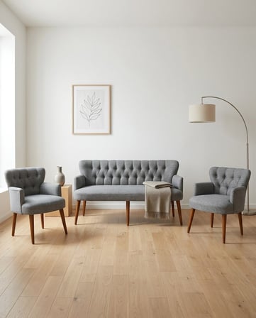 Roma 3+1+1 Keten Kumaş Balkon Ofis Çay Seti Bekleme Koltuk Takımı - Ahşap Ayak - Açık Gri
