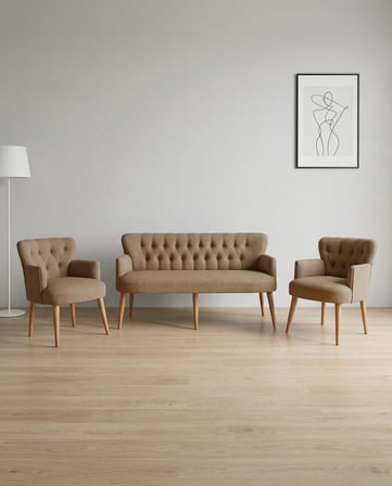 Roma 3+1+1 Keten Kumaş Balkon Ofis Çay Seti Bekleme Koltuk Takımı - Ahşap Ayak - Kahverengi