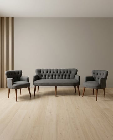 Roma 3+1+1 Keten Kumaş Balkon Ofis Çay Seti Bekleme Koltuk Takımı - Ahşap Ayak - Koyu Gri