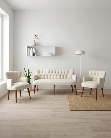 Roma 3+1+1 Keten Kumaş Balkon Ofis Çay Seti Bekleme Koltuk Takımı - Ahşap Ayak - Krem