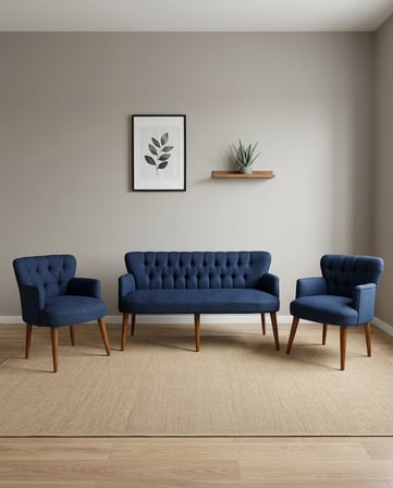 Roma 3+1+1 Keten Kumaş Balkon Ofis Çay Seti Bekleme Koltuk Takımı - Ahşap Ayak - Mavi