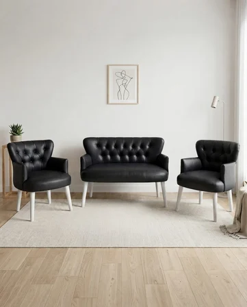 Roma 2+1+1 Deri Chester Çay Seti Ev & Ofis Koltuk Takımı - Ahşap Beyaz Ayak - Siyah