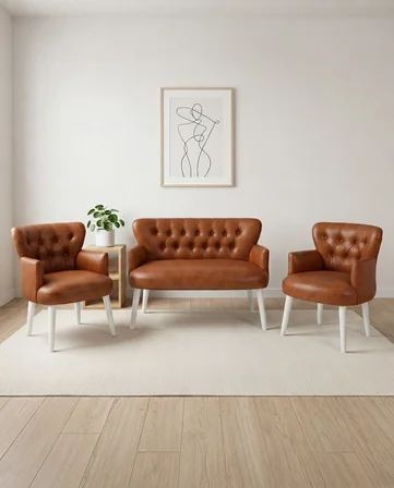 Roma 2+1+1 Deri Chester Çay Seti Ev & Ofis Koltuk Takımı - Ahşap Beyaz Ayak - Taba