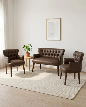 Roma 2+1+1 Deri Chester Çay Seti Ev & Ofis Koltuk Takımı - Ahşap Ceviz Ayak - Acı Kahve
