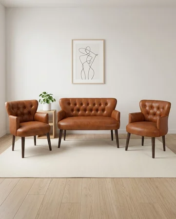 Roma 2+1+1 Deri Chester Çay Seti Ev & Ofis Koltuk Takımı - Ahşap Ceviz Ayak - Taba