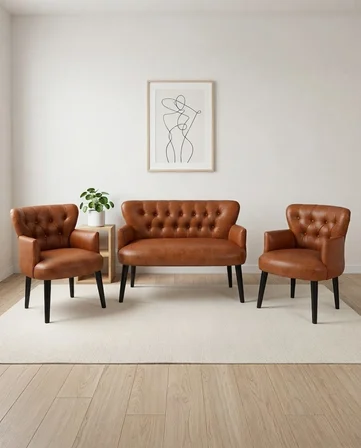 Roma 2+1+1 Deri Chester Çay Seti Ev & Ofis Koltuk Takımı - Ahşap Siyah Ayak - Taba