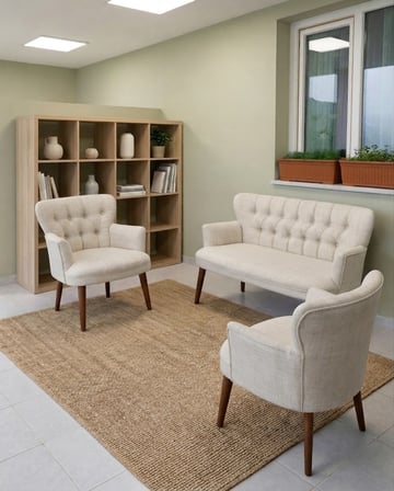 Roma 2+1+1 Keten Kumaş Balkon Çay Seti Koltuk Takımı - Ahşap Ayak - Krem