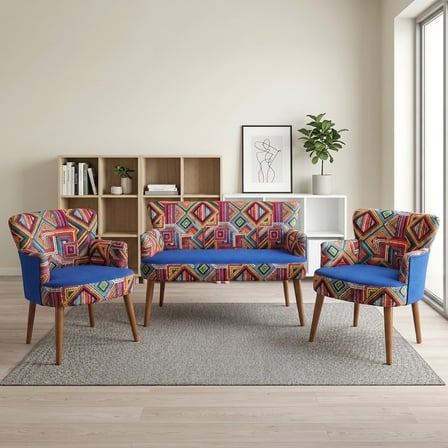 Roma 2+1+1 Renkli Kumaşlı Balkon Çay Seti Koltuk Takımı - Ahşap Ayak - Mavi