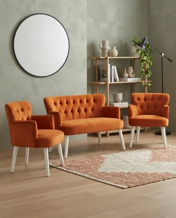 Roma 2+1+1 Babyface Kumaş Çay Seti Ev & Ofis Koltuk Takımı - Ahşap Beyaz Ayak - Bakır