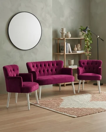 Roma 2+1+1 Babyface Kumaş Çay Seti Ev & Ofis Koltuk Takımı - Ahşap Beyaz Ayak - Bordo