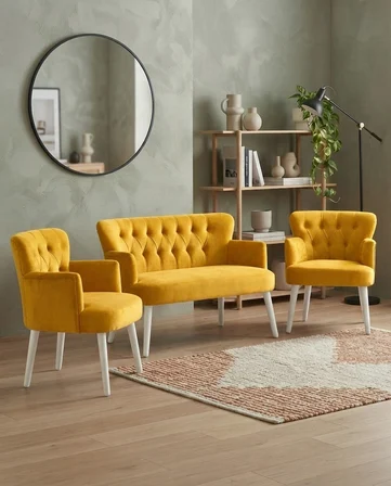 Roma 2+1+1 Babyface Kumaş Çay Seti Ev & Ofis Koltuk Takımı - Ahşap Beyaz Ayak - Sarı