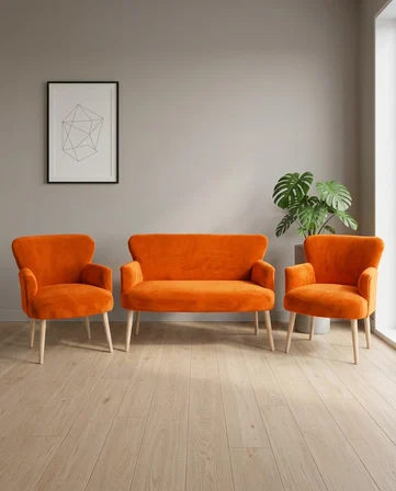 Roma 2+1+1 Welsoft Tüylü Yumuşak Kumaş Çay Seti Koltuk Takımı - Ahşap Ayak - Turuncu