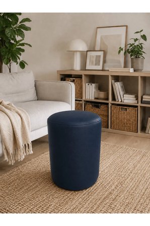 Azra Mobilya Lacivert Deri Puf 40x50 cm Silindir Tasarım Dekoratif Oturma Pufu
