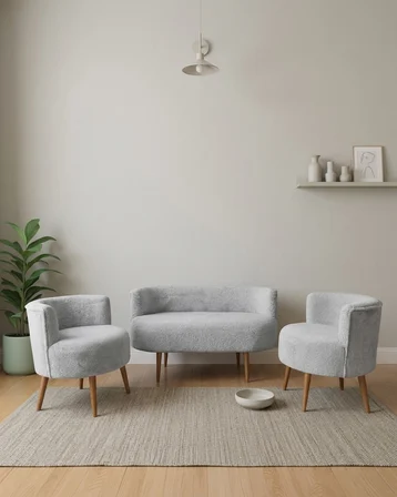 Sydney 2+1+1 Welsoft Tüylü Yumuşak Kumaş Balkon Çay Seti Koltuk Takımı - Ahşap Ayak - Açık Gri