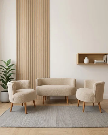 Sydney 2+1+1 Welsoft Tüylü Yumuşak Kumaş Balkon Çay Seti Koltuk Takımı - Ahşap Ayak - Cappuccino Bej