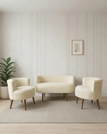 Sydney 2+1+1 Welsoft Tüylü Yumuşak Kumaş Balkon Çay Seti Koltuk Takımı - Ahşap Ayak - Krem
