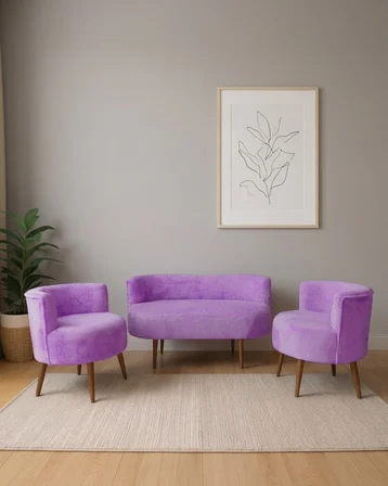 Sydney 2+1+1 Welsoft Tüylü Yumuşak Kumaş Balkon Çay Seti Koltuk Takımı - Ahşap Ayak - Lila