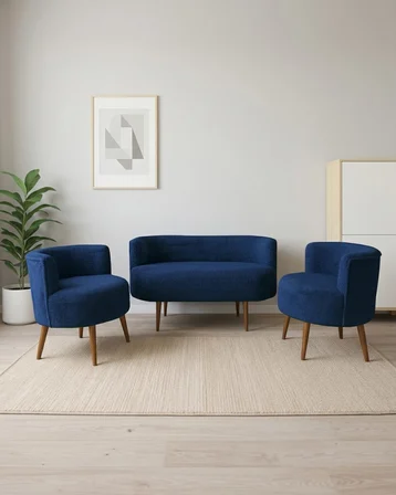 Sydney 2+1+1 Welsoft Tüylü Yumuşak Kumaş Balkon Çay Seti Koltuk Takımı - Ahşap Ayak - Mavi