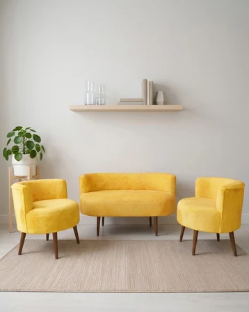 Sydney 2+1+1 Welsoft Tüylü Yumuşak Kumaş Balkon Çay Seti Koltuk Takımı - Ahşap Ayak - Sarı