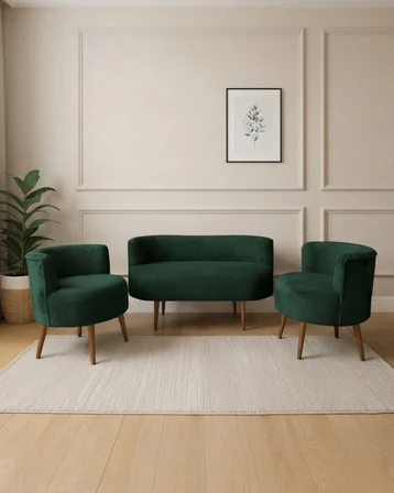 Sydney 2+1+1 Welsoft Tüylü Yumuşak Kumaş Balkon Çay Seti Koltuk Takımı - Ahşap Ayak - Yeşil