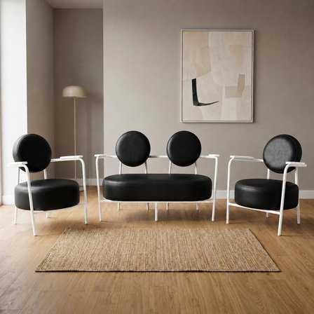 Venüs 2+1+1 Deri Ofis & Büro İş Yeri Bekleme Koltuğu Takımı – Beyaz Metal İskelet - Siyah