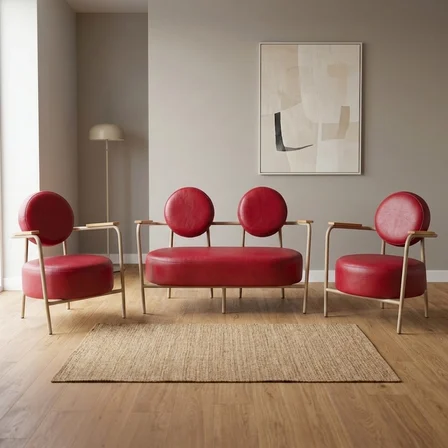 Venüs 2+1+1 Deri Ofis & Büro İş Yeri Bekleme Koltuğu Takımı – Cappuccino Metal İskelet - Kırmızı