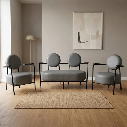 Venüs 2+1+1 Deri Ofis & Büro İş Yeri Bekleme Koltuğu Takımı – Siyah Metal İskelet - Gri