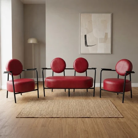 Venüs 2+1+1 Deri Ofis & Büro İş Yeri Bekleme Koltuğu Takımı – Siyah Metal İskelet - Kırmızı