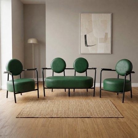 Venüs 2+1+1 Deri Ofis & Büro İş Yeri Bekleme Koltuğu Takımı – Siyah Metal İskelet - Yeşil