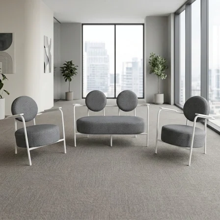 Venüs 2+1+1 Soft Kumaş Ofis & Büro İş Yeri Bekleme Koltuğu Takımı – Beyaz Metal İskelet - Açık Gri