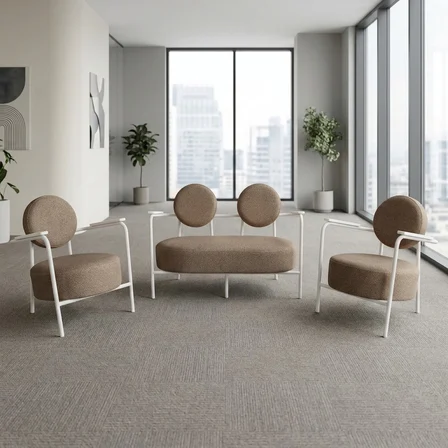 Venüs 2+1+1 Soft Kumaş Ofis & Büro İş Yeri Bekleme Koltuğu Takımı – Beyaz Metal İskelet - Cappuccino