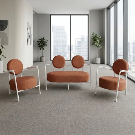 Venüs 2+1+1 Soft Kumaş Ofis & Büro İş Yeri Bekleme Koltuğu Takımı – Beyaz Metal İskelet - Kiremit