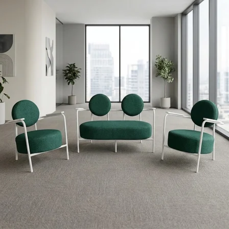 Venüs 2+1+1 Soft Kumaş Ofis & Büro İş Yeri Bekleme Koltuğu Takımı – Beyaz Metal İskelet - Yeşil
