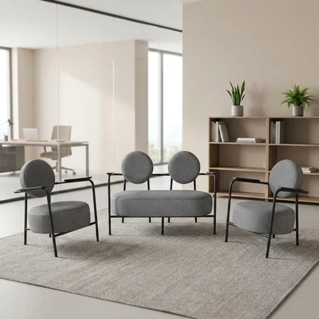 Venüs 2+1+1 Soft Kumaş Ofis & Büro İş Yeri Bekleme Koltuğu Takımı – Siyah Metal İskelet - Açık Gri