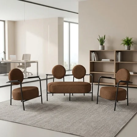Venüs 2+1+1 Soft Kumaş Ofis & Büro İş Yeri Bekleme Koltuğu Takımı – Siyah Metal İskelet - Kahverengi