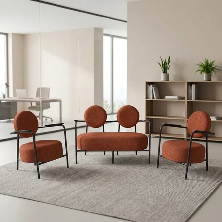 Venüs 2+1+1 Soft Kumaş Ofis & Büro İş Yeri Bekleme Koltuğu Takımı – Siyah Metal İskelet - Kiremit