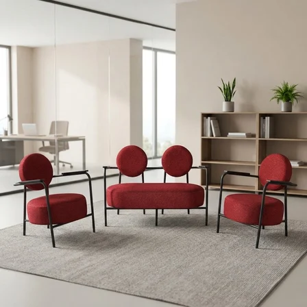 Venüs 2+1+1 Soft Kumaş Ofis & Büro İş Yeri Bekleme Koltuğu Takımı – Siyah Metal İskelet - Kırmızı