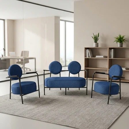Venüs 2+1+1 Soft Kumaş Ofis & Büro İş Yeri Bekleme Koltuğu Takımı – Siyah Metal İskelet - Mavi