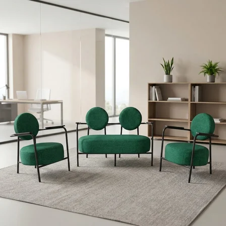 Venüs 2+1+1 Soft Kumaş Ofis & Büro İş Yeri Bekleme Koltuğu Takımı – Siyah Metal İskelet - Yeşil