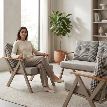 Venedik 2+1+1 Metal Balkon Takımı Keten Dokulu Kumaş – Cappuccino Metal - Bahçe Teras Oturma Grubu