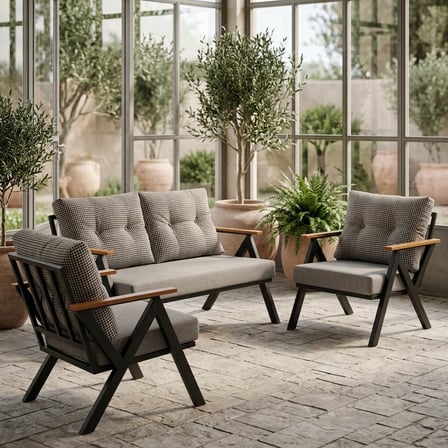Venedik 2+1+1 Metal Balkon Takımı Keten Dokulu Kumaş – Siyah Metal - Bahçe Teras Oturma Grubu