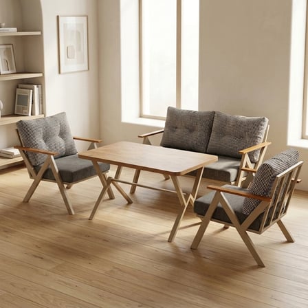 Venedik 2+1+1+ 70x120 Ceviz Desenli Masa Metal Balkon Takımı Keten Dokulu Kumaş – Cappuccino Metal -