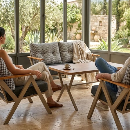 Venedik 2+1+1+ 70x120 Ceviz Desenli Masa Metal Balkon Takımı Keten Dokulu Kumaş – Cappuccino Metal -