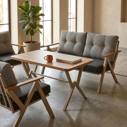 Venedik 2+1+1+ 70x120 Ceviz Desenli Masa Metal Balkon Takımı Keten Dokulu Kumaş – Cappuccino Metal -