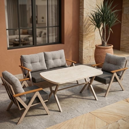 Venedik 2+1+1+ 70x120 Traverten Masa Metal Balkon Takımı Keten Dokulu Kumaş – Cappuccino Metal - Bah