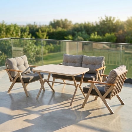 Venedik 2+1+1+ 70x120 Traverten Masa Metal Balkon Takımı Keten Dokulu Kumaş – Cappuccino Metal - Bah