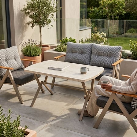 Venedik 2+1+1+ 70x120 Traverten Masa Metal Balkon Takımı Keten Dokulu Kumaş – Cappuccino Metal - Bah
