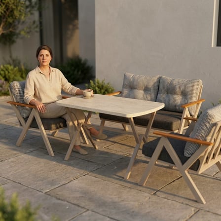 Venedik 2+1+1+ 70x120 Traverten Masa Metal Balkon Takımı Keten Dokulu Kumaş – Cappuccino Metal - Bah